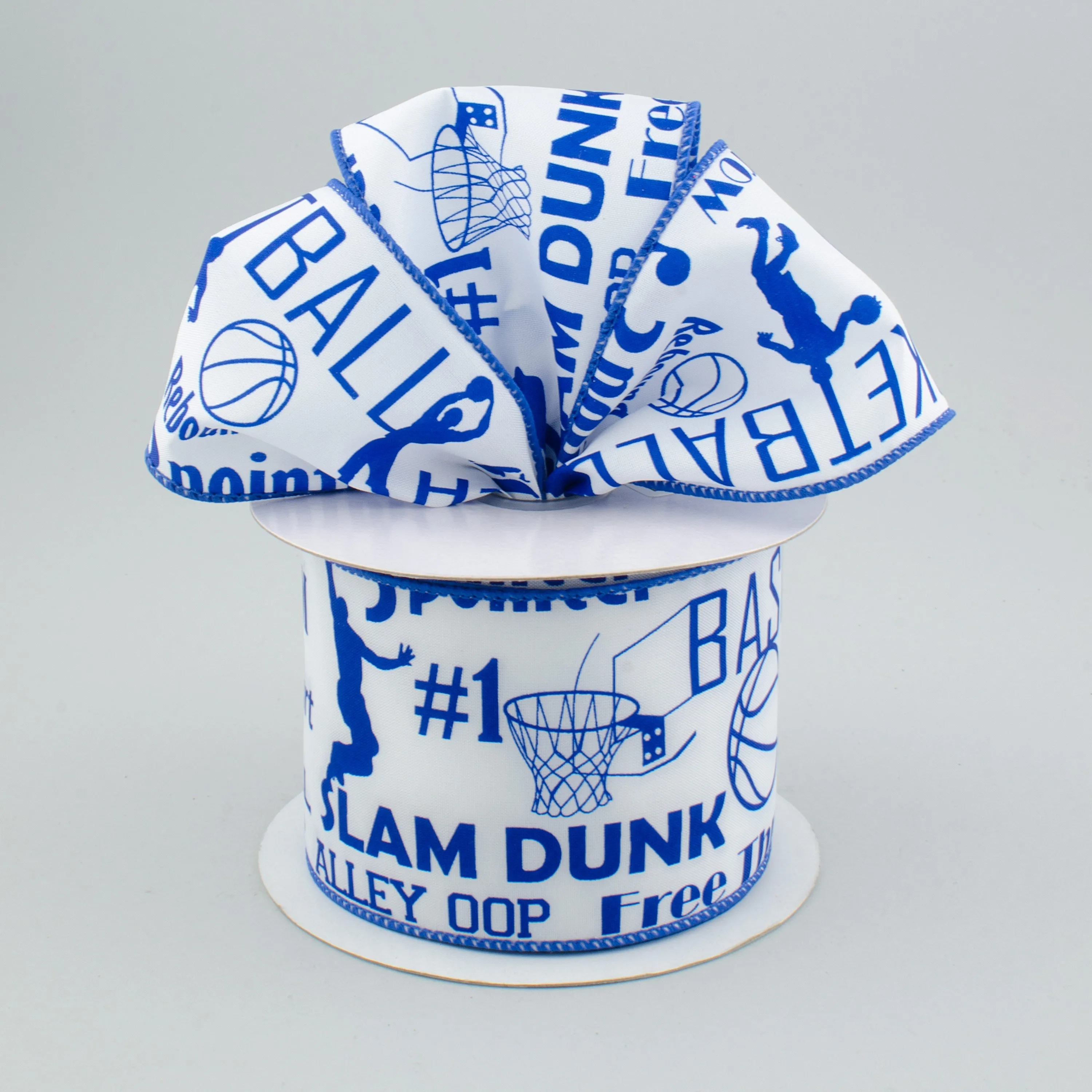 2.5" Basketball Phrases Ribbon: Blue & White (10 Yards)