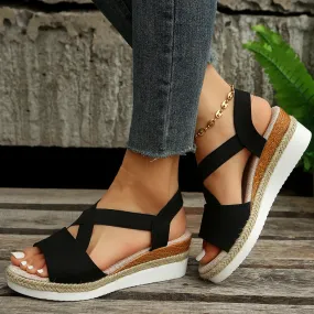 Women's Solid Color Wedge Sandals with Ankle Strap